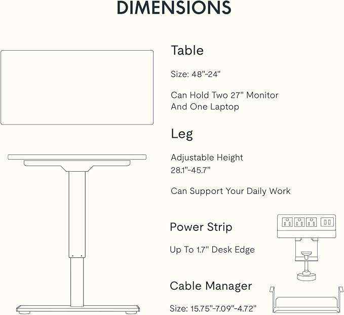 FLEXISPOT EN2 Whole-Piece Standing Desk with Clamp Power Strip, 48 x 24 Electric Stand Up Height Adjustable Desk with Cable Management (White Frame + 48" Black Top, 2 Packages)