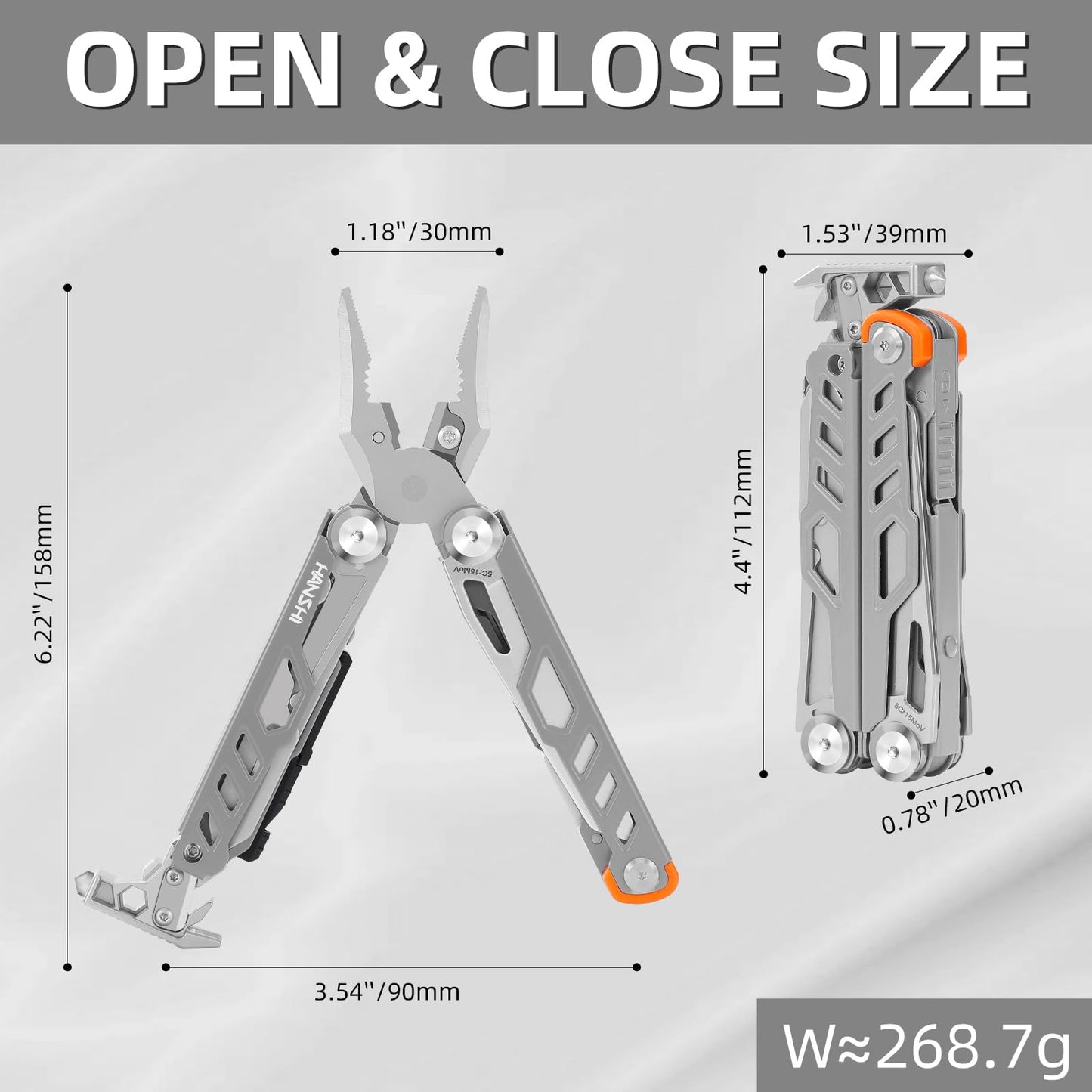 HANSHI Multitool Pliers, 22-in-1 YG10 Tungsten Steel Multi Tool with Scissors,Replaceable Wire Cutters, Flint, Window Breaker, Back Clip,Ideal for Camping, Survival and Gift(Silver)