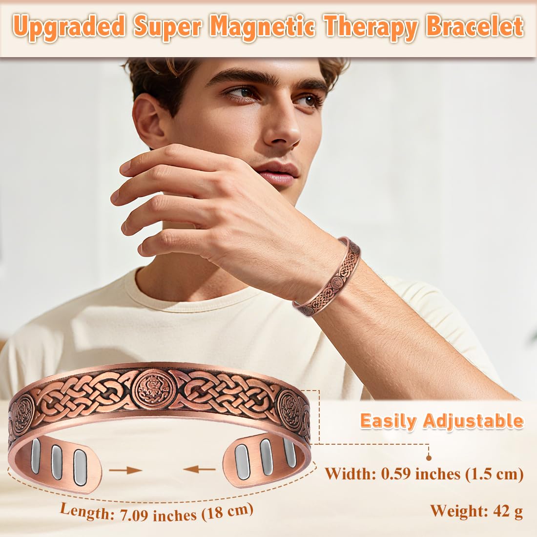 Cigmag Copper Bracelet for Men, with Powerful 9X 5000 Gauss Magnets, Adjustable Solid Pure Copper (Celtic Knot 2)