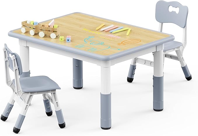 Brelley Kids Table and 2 Chairs Set, Height Adjustable Toddler Table and Chair Set, Graffiti Desktop, Classroom/Daycare/Home, Children Multi-Activity Table for Ages 2-8