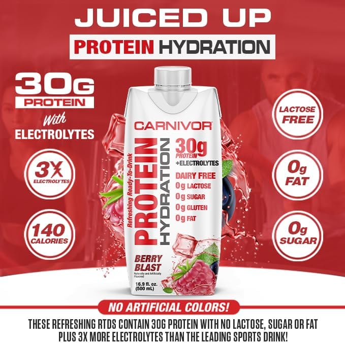MuscleMeds Carnivor Protein Hydration RTD, Refreshing Ready to Drink, 30 g Isolate Protein, Lactose Free, Sugar Free, Electrolytes, Muscle Building, Recovery, Halal Certified, Berry Blast, 16.9 Fl Oz