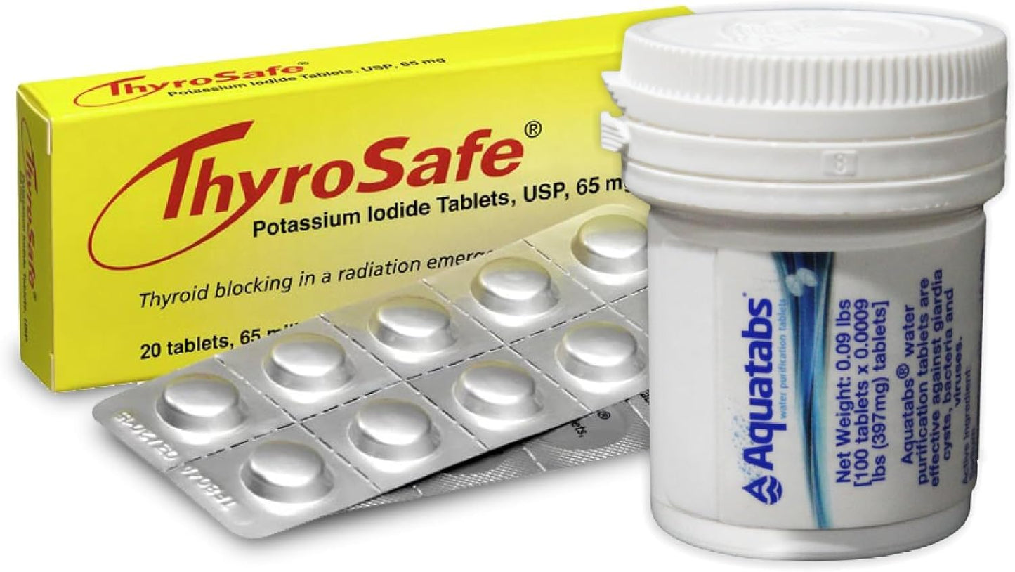 Aquatabs 397mg Water Purification Tablets (100 Pack) and Thyrosafe 65 mg Potassium Iodide Tablets (20 Pack) - Emergency Kit for Radiation and Water Treatment - Portable Survival Kit