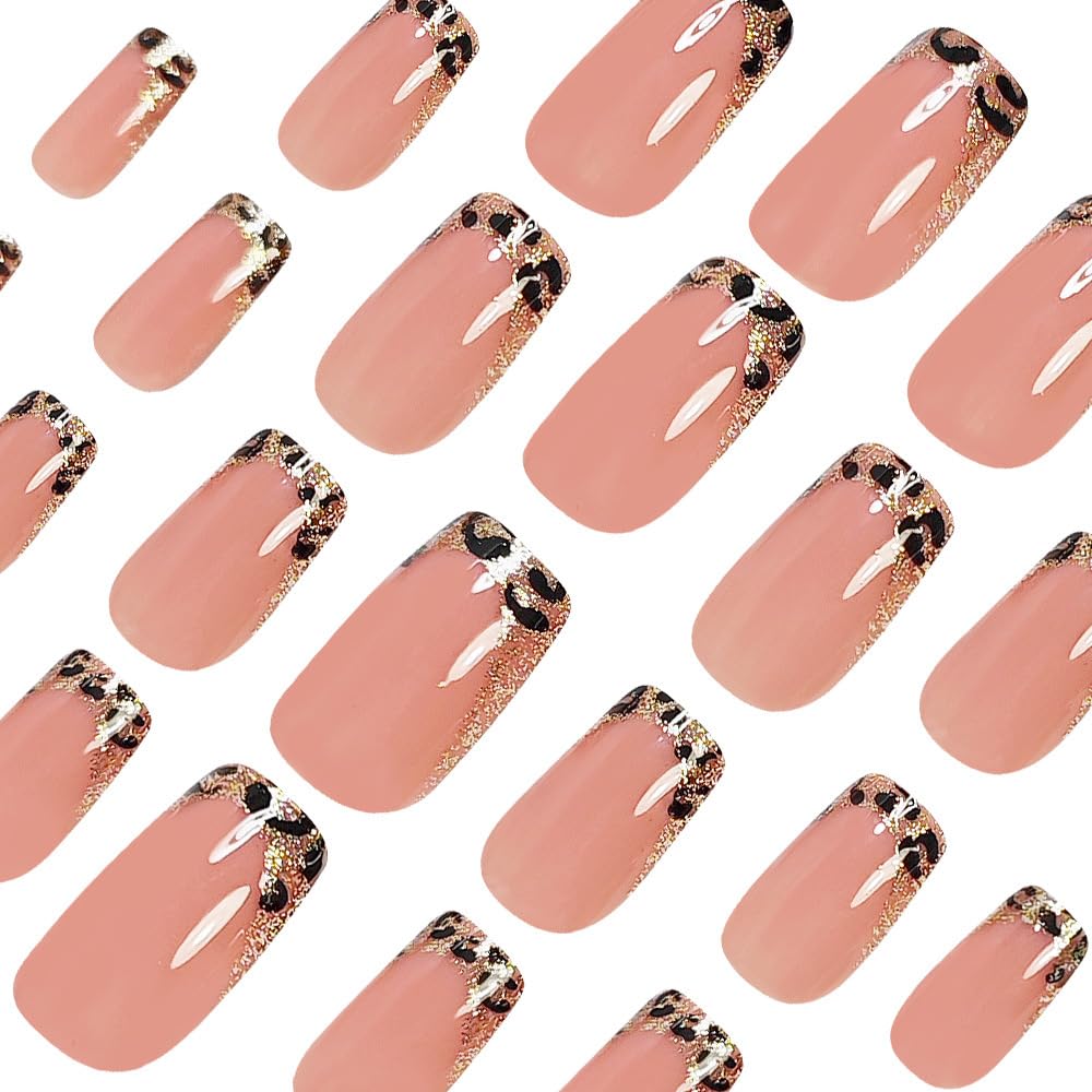 French Tip Press on Nails Short Square Fake Nails with Leopard Print Designs Glossy Glue on Acrylic Nails Nude Pink False Nail Press ons for Women 24Pcs