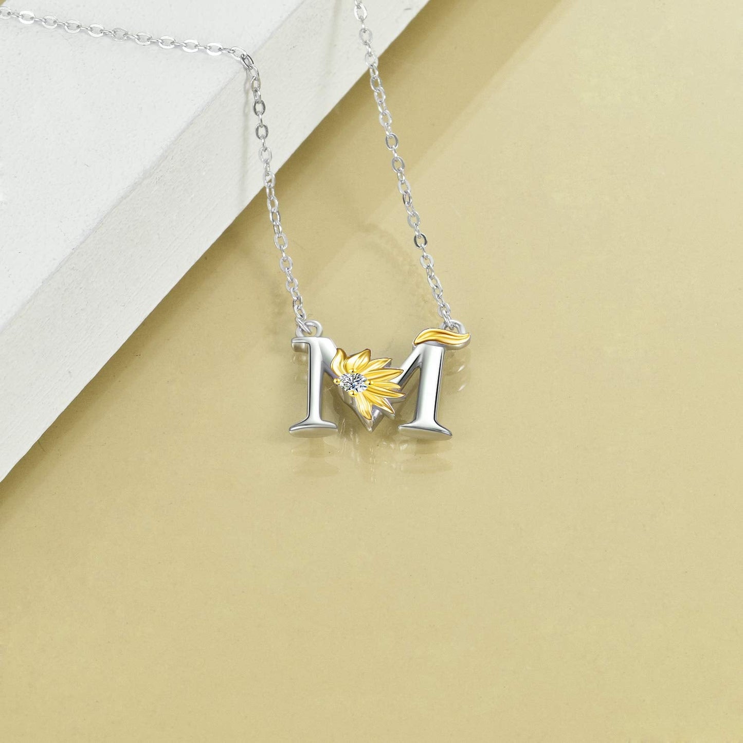 POPLYKE Sterling Silver Initial Alphabet Letter Script Name Pendant Chain Necklace for Women for (Sunflower M)