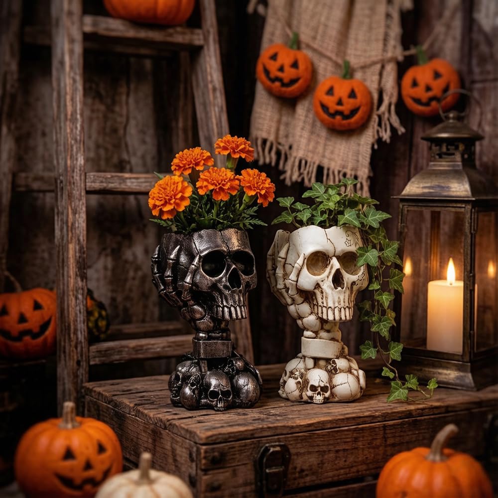 Skull Planter, Goth Flower Pot, Gothic Plant Pots, Succulent Pots with Drainage, Halloween Plant Pot, Tall White Skulls Statue, Funny Desk Home Decor, Cool Figurines Flower Pots Gift for Mother Father