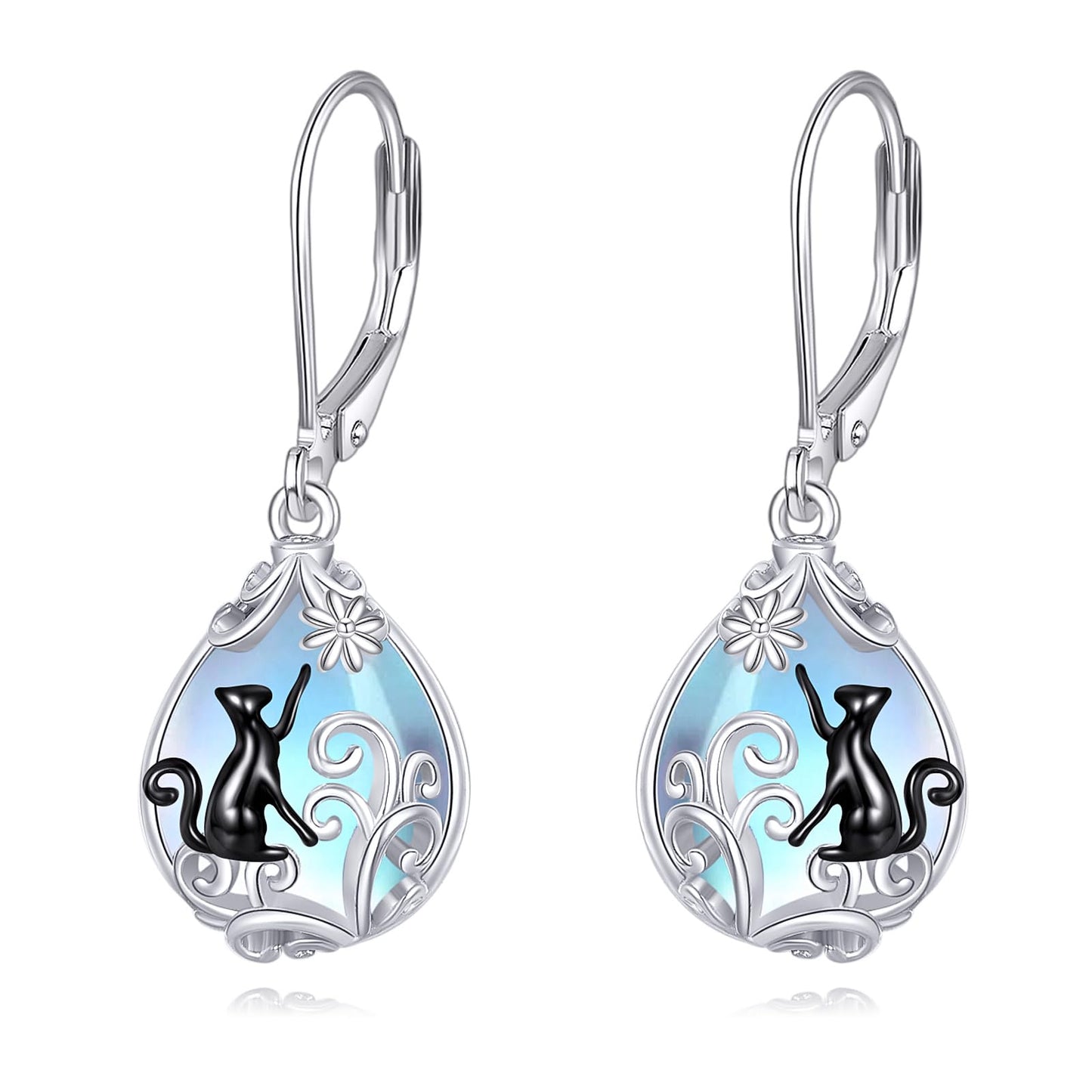 POPLYKE Moonstone Cat Teardrop Drop Dangle Earrings Sterling Silver Leverback Earrings Moonstone Jewelry Gifts for Women