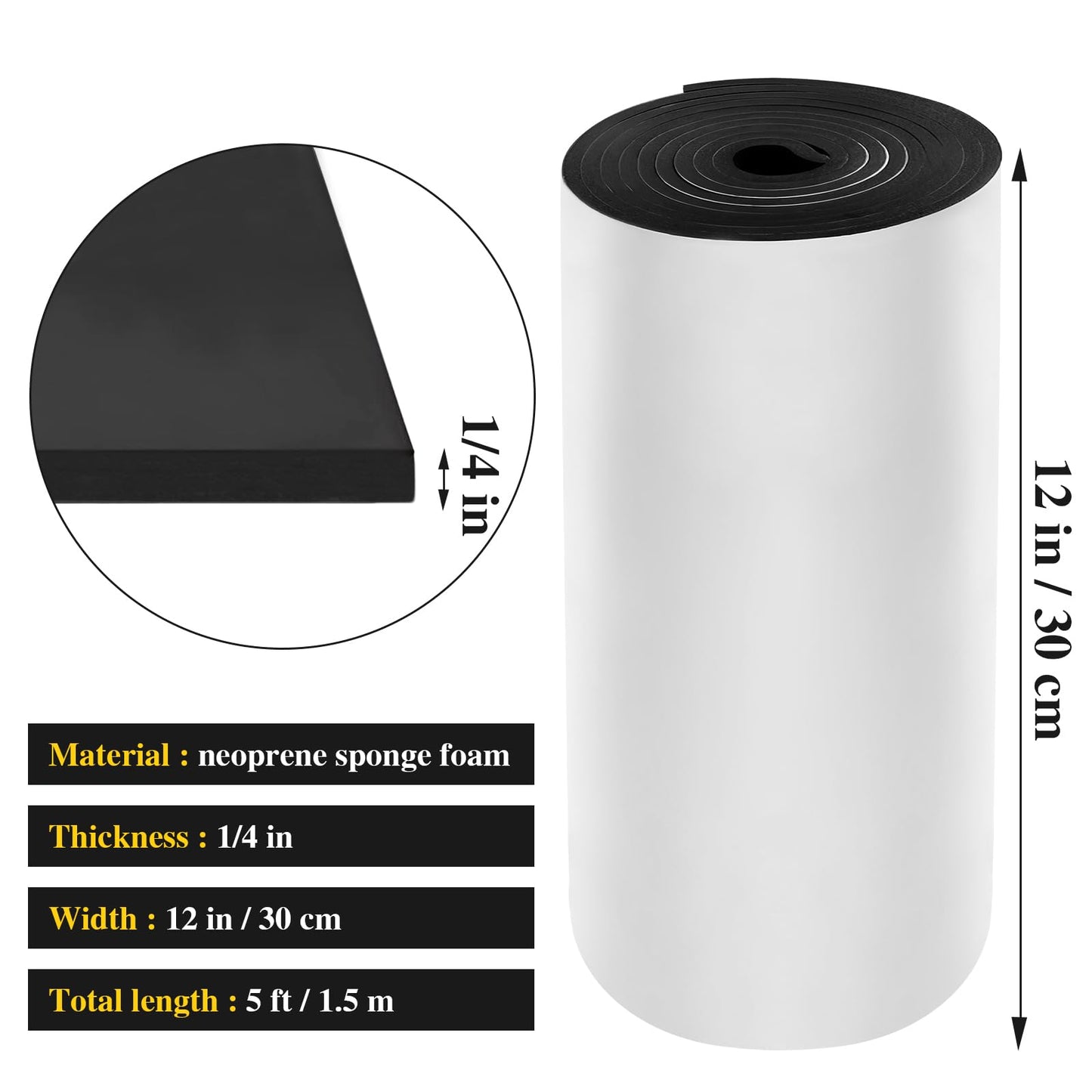 Adhesive Foam Padding Roll Closed Cell Sponge Neoprene Insulation Board Foam Sheet Pad with Sticky Back for Anti Vibration, Anti-Slip, DIY Crafts, Gaskets, Cosplay, Costume (Black, 12x59x1/4 Inches)