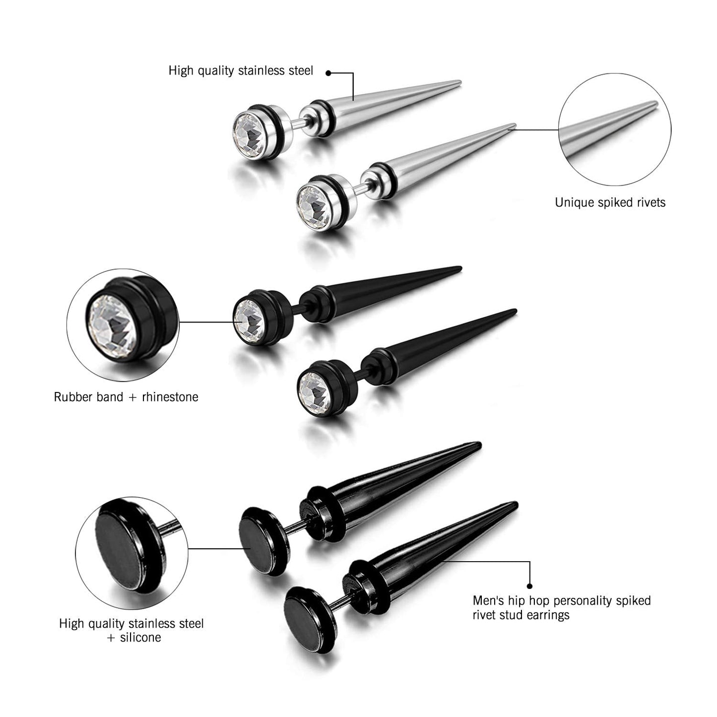 Aroncent 6PCS Men's Stainless Steel Fake Illusion Tunnel Cheater Piercing Jewelry Stud Earrings Set