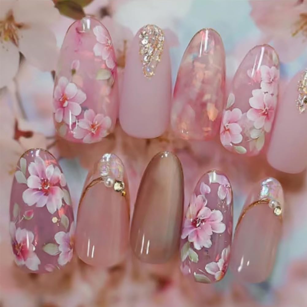 24Pcs Medium Almond Press on Nails Reusable Pink Acrylic False Nails Full Cover Glossy With Flowers Designs And Pearl Design Fake Fingernails Tips Almond Shape Artificial Fale Nail Kit Women Girls