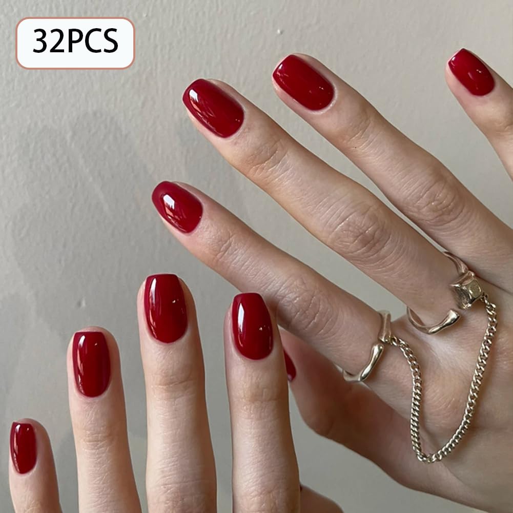 WAFOLOZE Short Square Press On Nails - Red Press On Nails Short Fake Nails with Nail Glue, Artificial Nails 16 Sizes - 32Pcs Reusable Soft Gel False Nails Tips Kit,Stick On Nails for Women