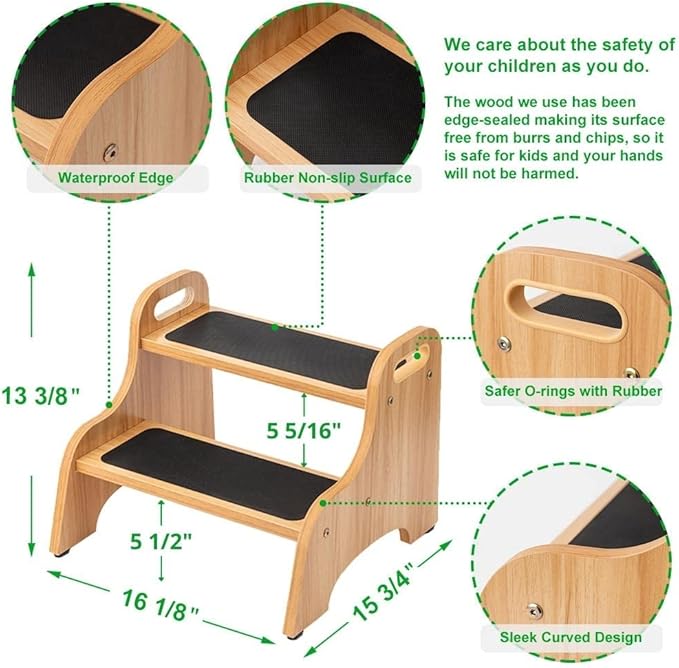 StrongTek 2 Pack Wooden 2 Step Stools for Kids & Adults, Non-Slip Surface, Skid-Resistant Foot Pads, 300 lbs Capacity, Portable with Handles, Safe & Sturdy Design for Kitchen, Bathroom, Bedroom, Home