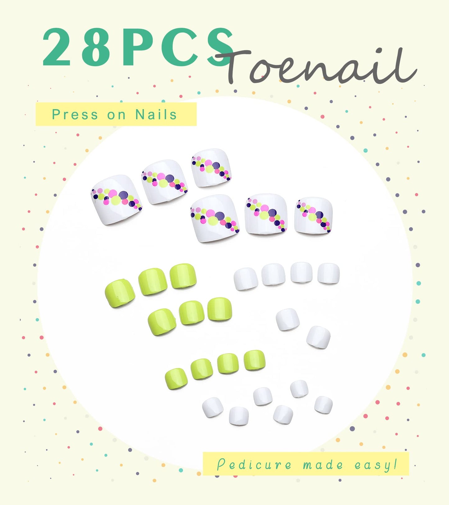 Aegenacess 28pcs Toenail Press on Summer Fake Toe Nails Press ons False Nail Tips Beach Short Pedicure Kit for Women (White Yellow Mixed Dots)