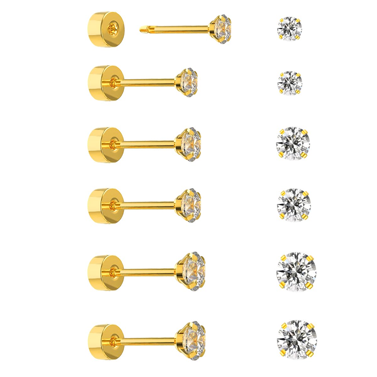 Yetonload Threadless Flat Back Tiny Stud Earrings,Surgical Grade Titanium Hypoallergenic Earrings Men,Gold Cubic Zirconia Studs,Stainless Steel Set, 2-4MM Cartilage Earrings,6 Pairs (A-Gold)