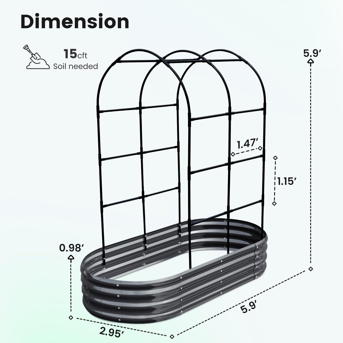 KING BIRD Raised Garden Bed with Arched Trellis Galvanized Planter Garden Box Outdoor for Gardening, Climbing Vegetables, Flowers, Dark Grey, 5.9x2.95x0.98 Ft