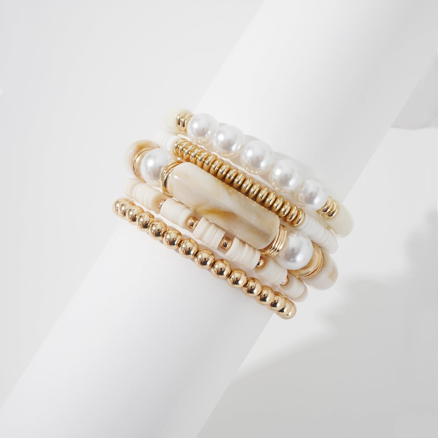 GOOJIDS Simple Beaded Gold Plated Bangles Bracelet Chunky Bamboo Tube Curved Stacking Clear Acrylic Colorful Beads Stretchable Gold Plated Bracelets Set For Women