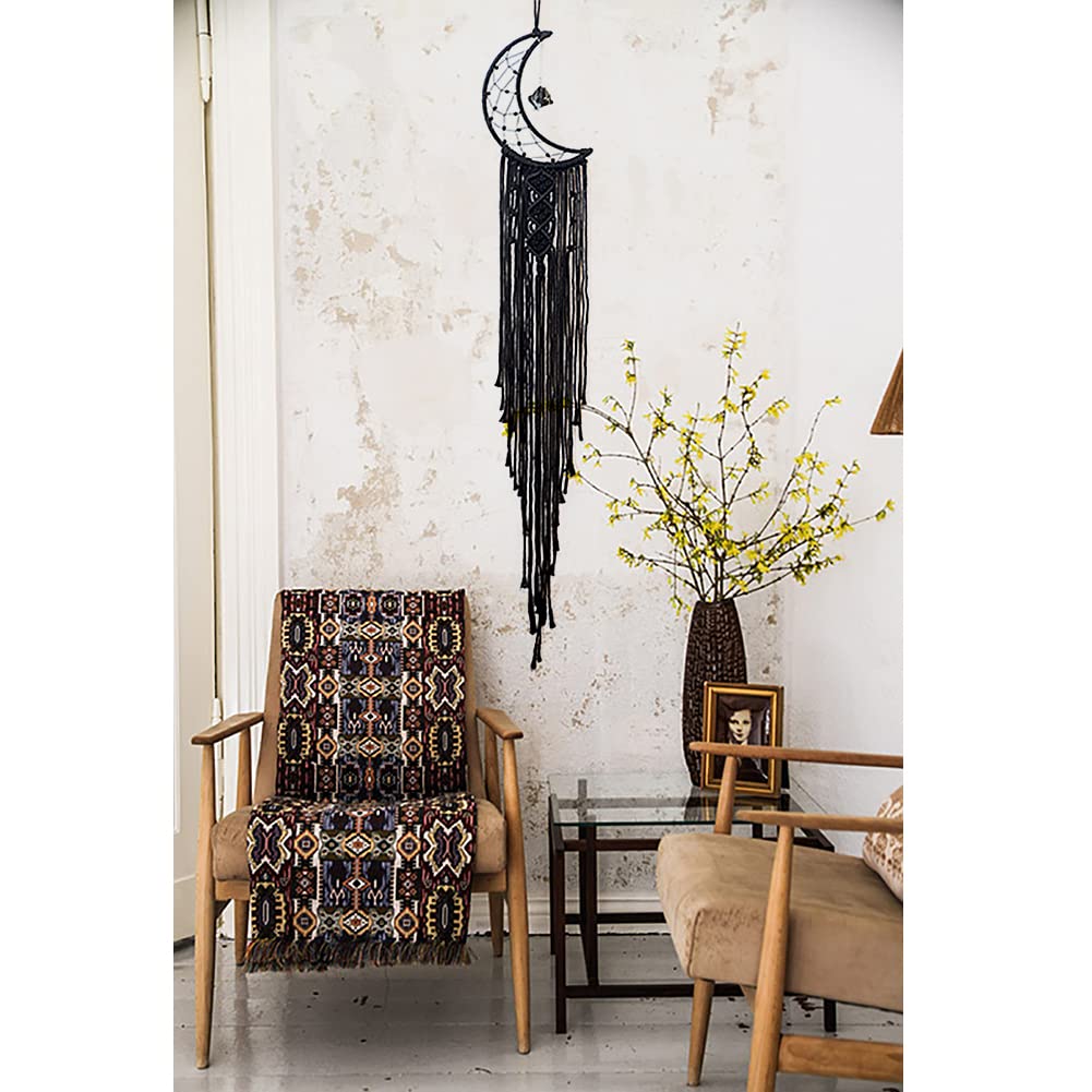 MOONFLY Black Moon Dream Catcher with Handmade Crystal Stone Design Woven Cotton Boho Macrame Wall Hanging Home Decoration Ornament Craft Gift(Black Crystal Stone Moon)