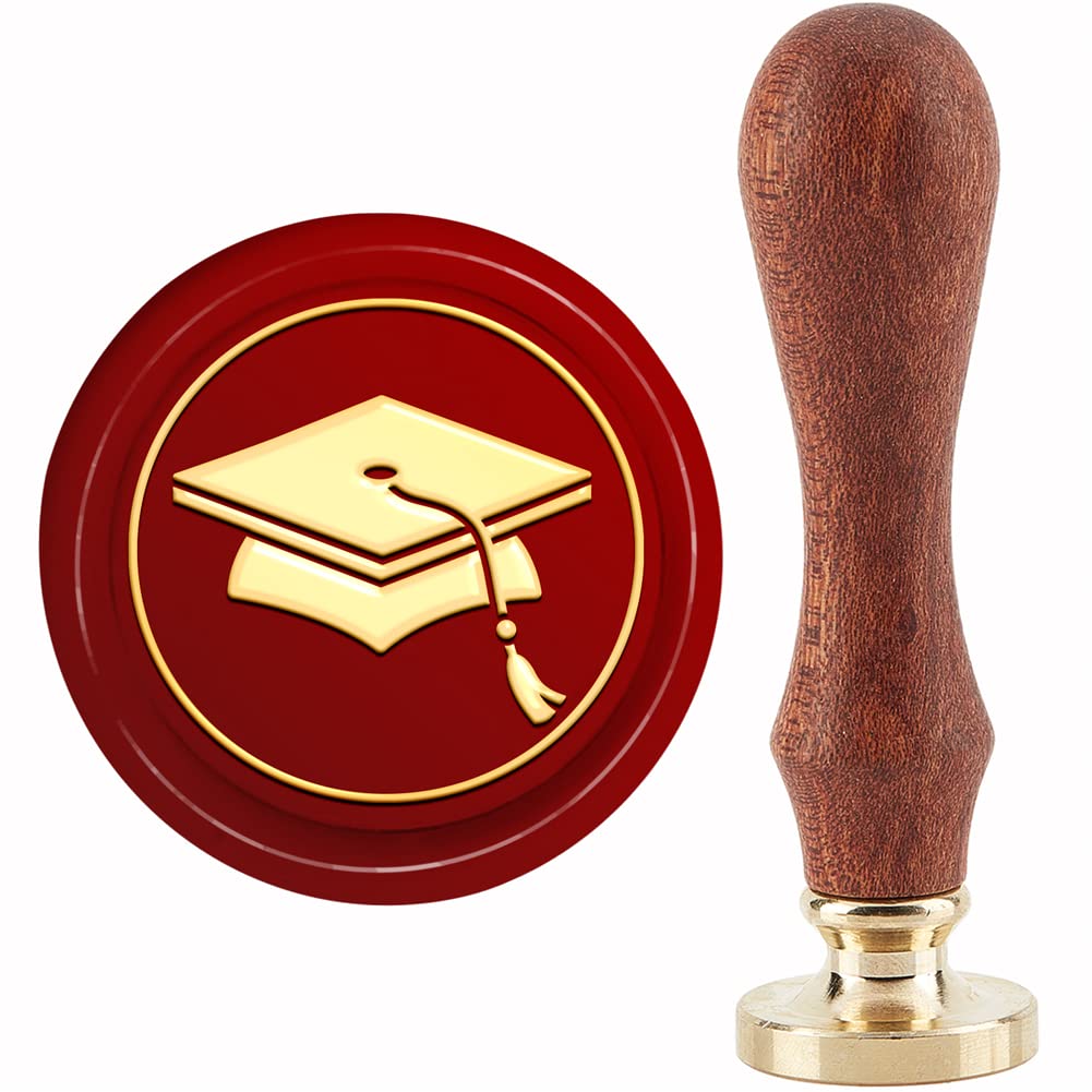 CRASPIRE Graduation Hat Wax Seal Stamp Graduation Sealing Wax Stamps 30mm Retro Vintage Removable Brass Stamp Head with Wood Handle for Wedding Invitations Cards Gift Wrapping