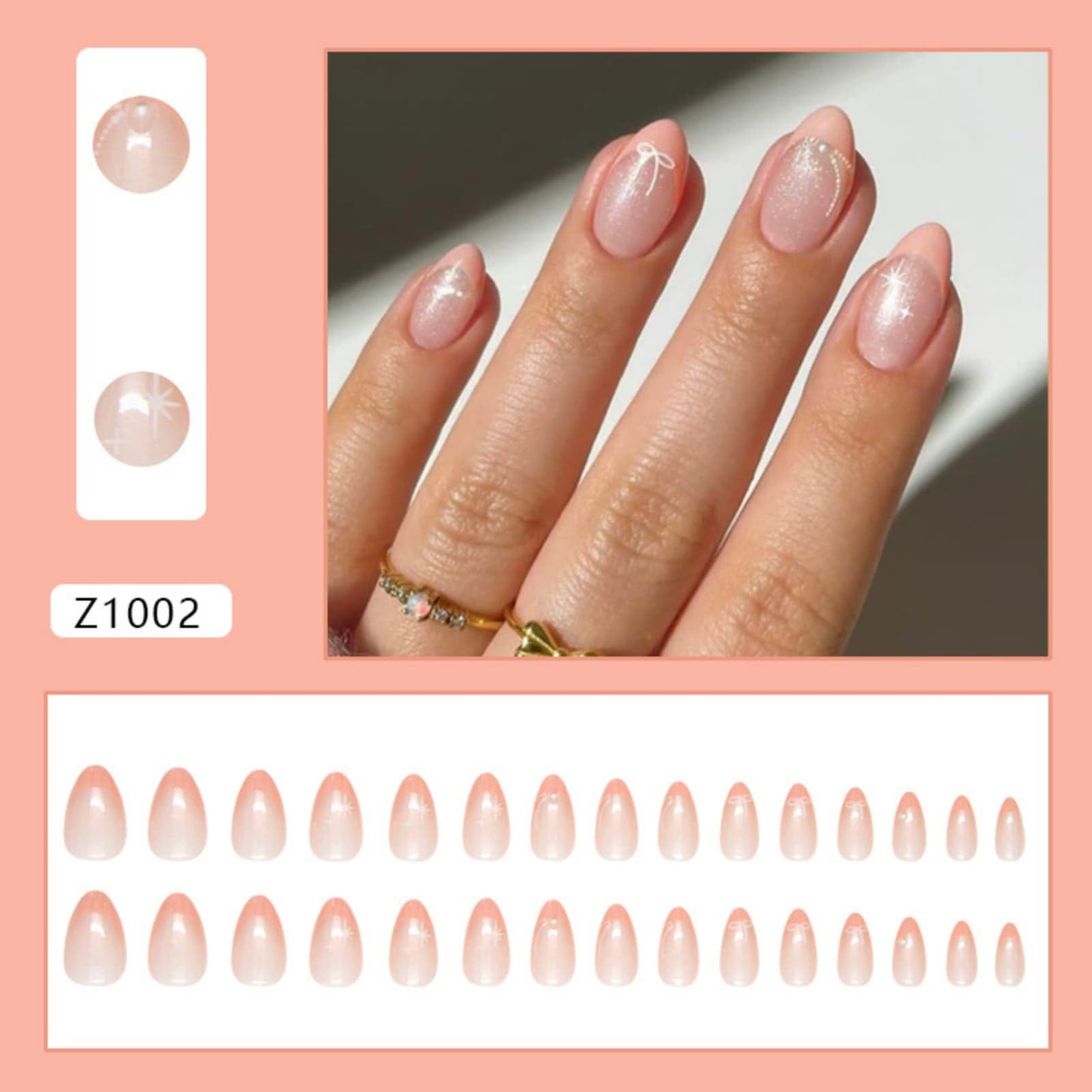 French Press on Nails Short Almond Fake Nails Pink with Bow Starlight Designs Full Cover Acrylic Glue on Nails Removable Artificial Stick on Nails for Women 24 Pcs