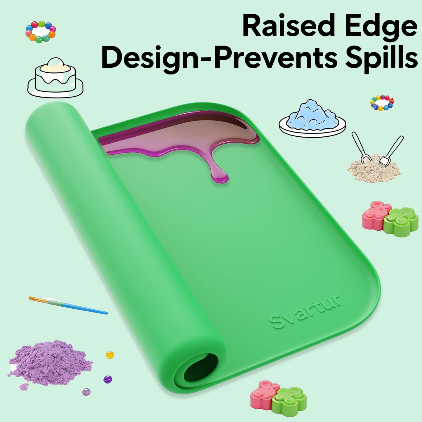 Silicone Craft Mat 24" x 16" with Raised Edge, Roll-Up Design with Storage Strap, Multi-Purpose Desk & Table Protector Silicone Art Mat for Crafts, Painting & DIY, Green