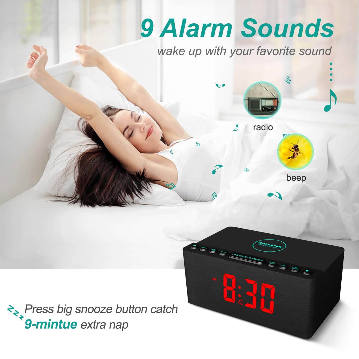 ANJANK Wooden Digital Alarm Clock FM Radio,Qi Certified Fast Wireless Charger Station for iPhone/Samsung,Dimmable LED Display,USB Charging Port,Sleep Timer,Wood Modern Clock for Bedroom Bedside(Black)