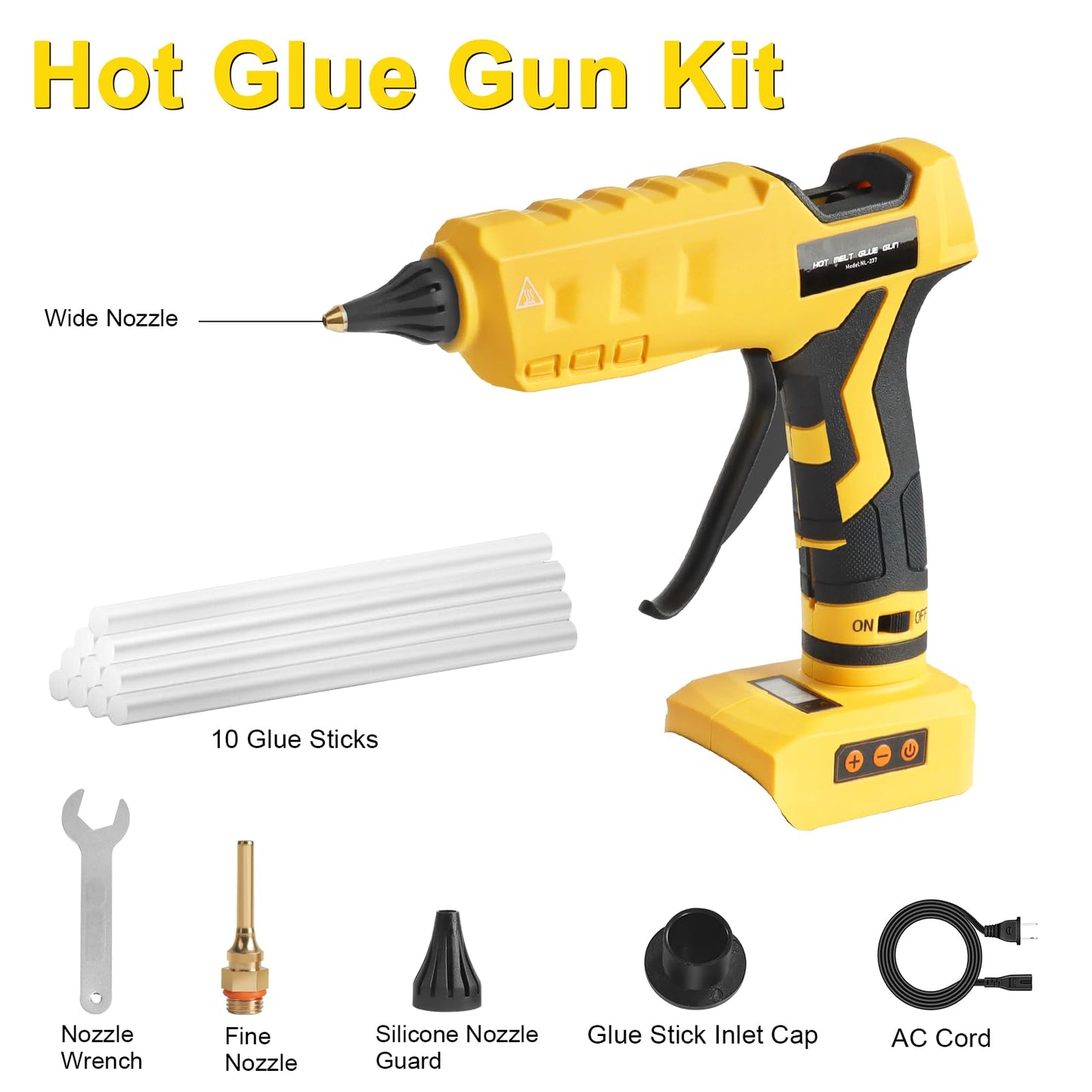 Cordless & Corded 2-in-1 Hot Glue Gun Compatible with Dewalt 20V Battery, 100W Digital LED Temp Adjustable Anti-drip Full Size Glue Gun with 1 replaceable nozzle & Glue Sticks (Battery Not Included)