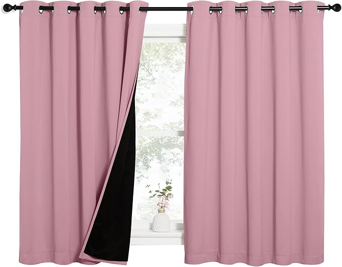 NICETOWN 100% Blackout Curtains with Black Liners, Thermal Insulated Full Blackout 2-Layer Lined Drapes, Energy Efficiency Window Draperies for Bedroom (Crystal Pink, 2 Panels, 62-inch W by 63-inch L)