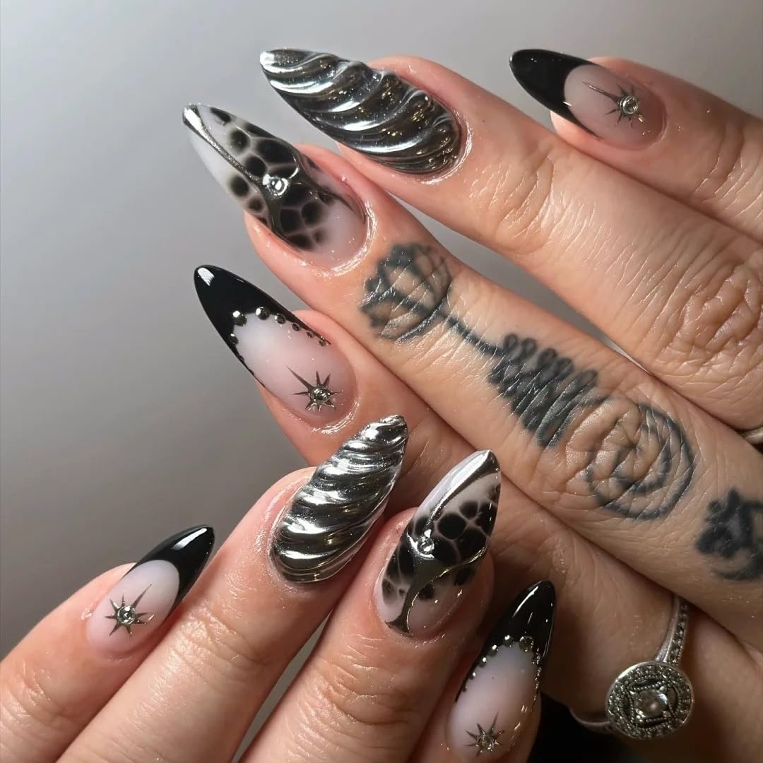 10Pcs Black Press on Nails Almond Handmade Fake Nails with Black False Nails Full Cover Artificial Glue on Nails 3D Stick on Nails Reusable Nail Supplies for Women DIY (MT-116, M)