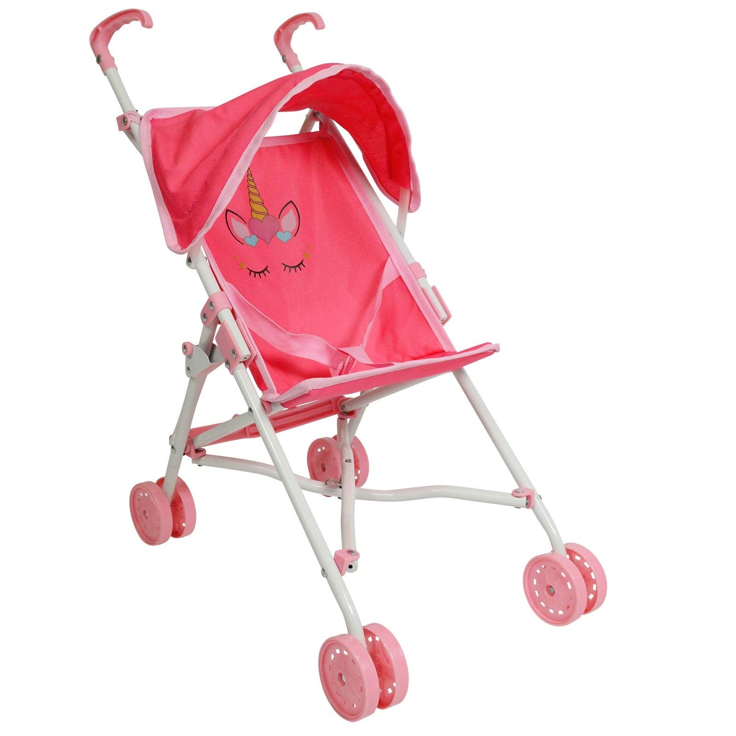 My First Baby Doll Stroller for Toddlers 1-3 Year Old Girls, Little Kids | Toy Stroller with Bottom Storage Basket, Foldable Frame, Canopy, Seatbelt - Unicorn (Pink)