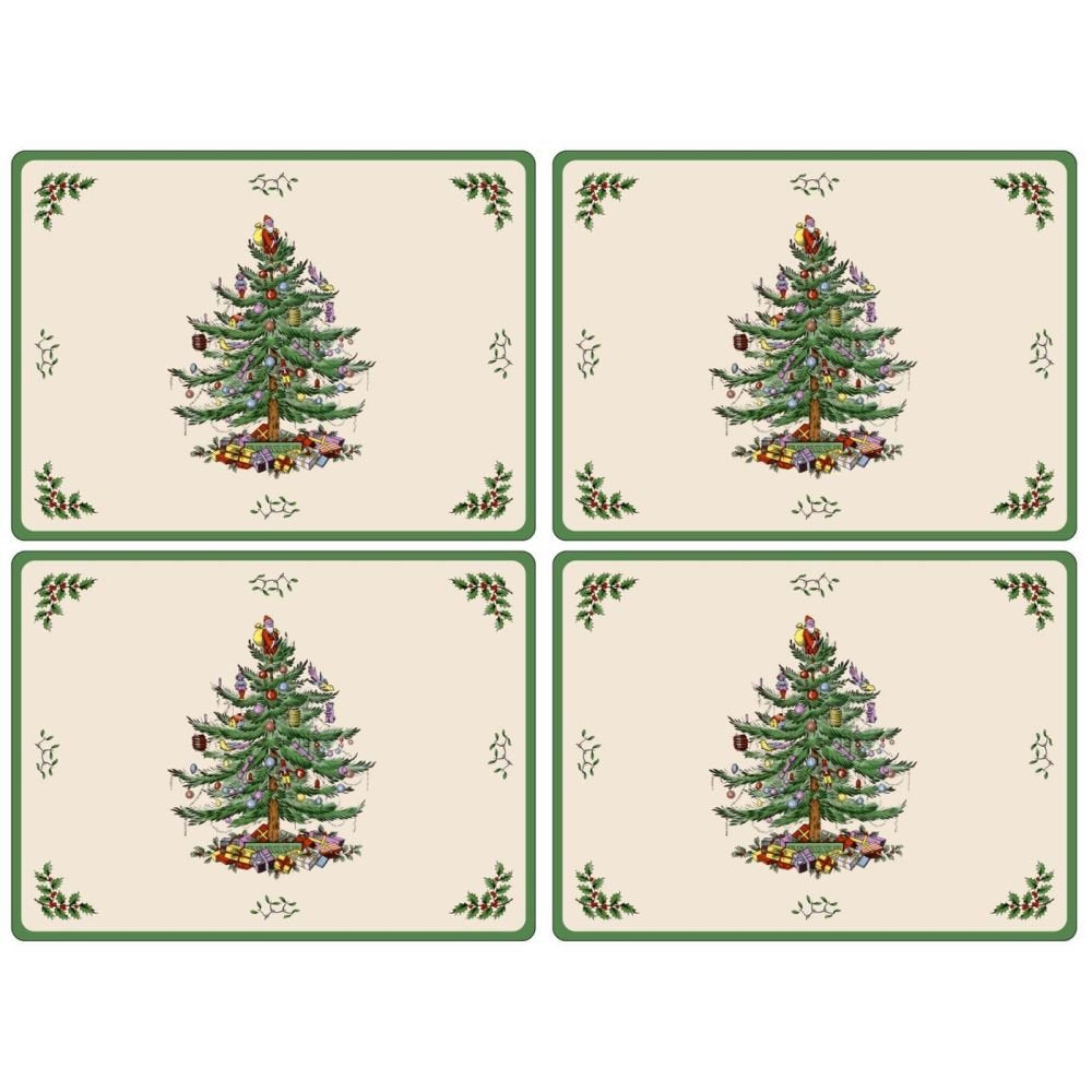 Spode Christmas Tree Placemats, Set of 4 – (15.7" x 11.7") Cork-Backed Boards with Decorative Artwork & Lacquered Finish, Heat & Stain Resistant Dining Table, Kitchen & Tabletop Protection
