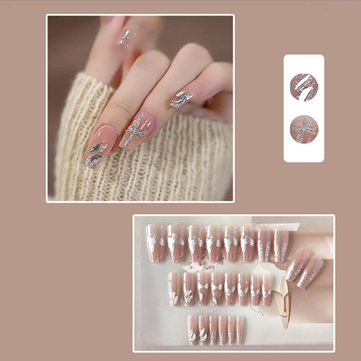 YoYoee Long Coffin Press on Nails Gradient False Nails Galaxy Butterfly Fake Nails Acrylic Bling Nails Tips for Women and Girls 24PCS