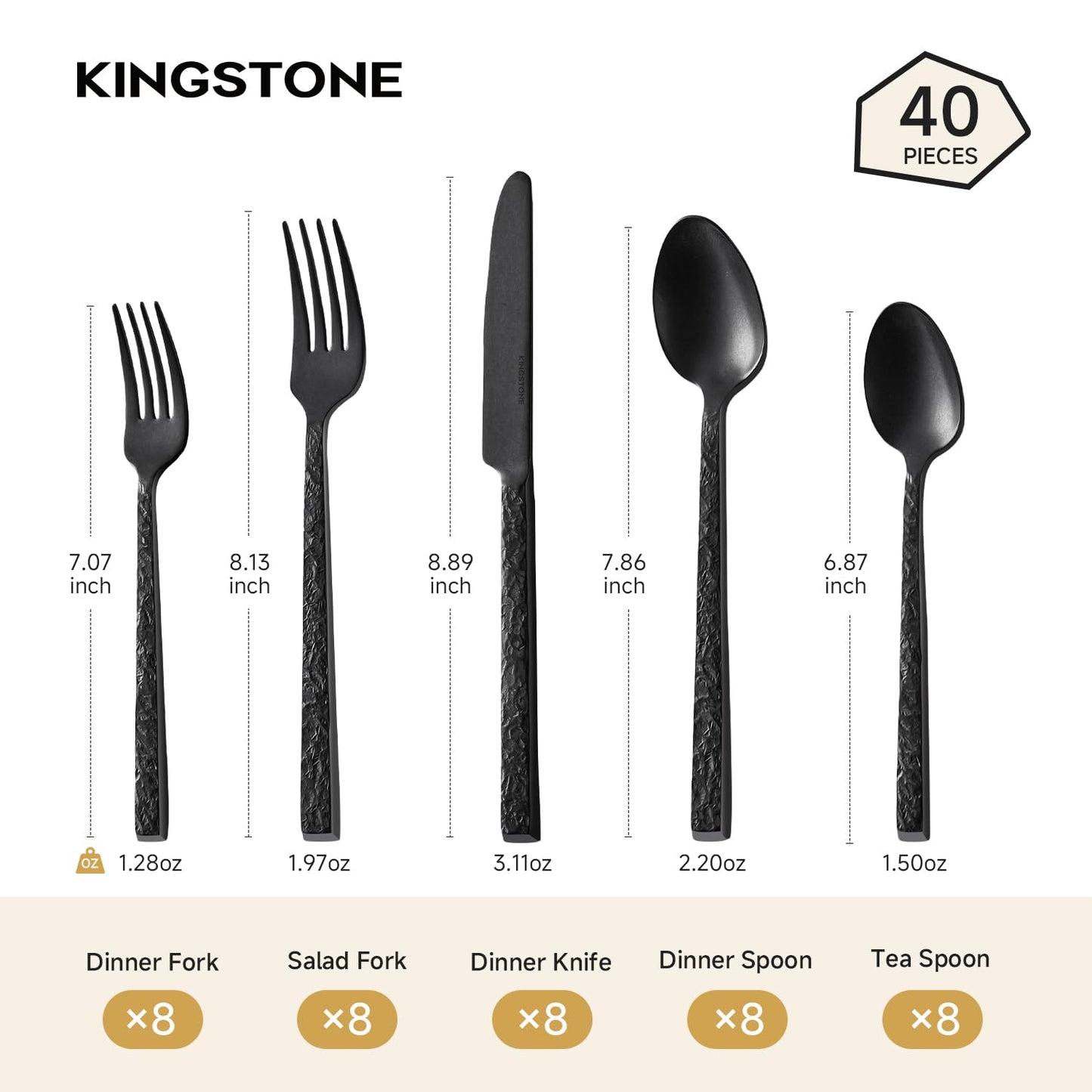 KINGSTONE 40 Pcs Black Hammered Silverware Set for 8, 18/10 Stainless Steel Heavy Duty Flatware Set, Tableware Cutlery Utensil Sets for Home Restaurant Dishwasher Safe