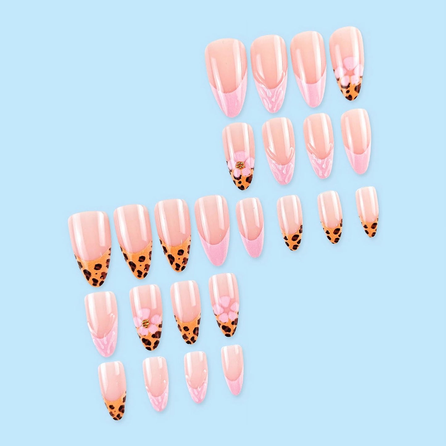 MISUD Press on Nails - Medium Almond Glue on Nails with Cheetah French Tip, Acrylic Pink Flower Design 24 pcs