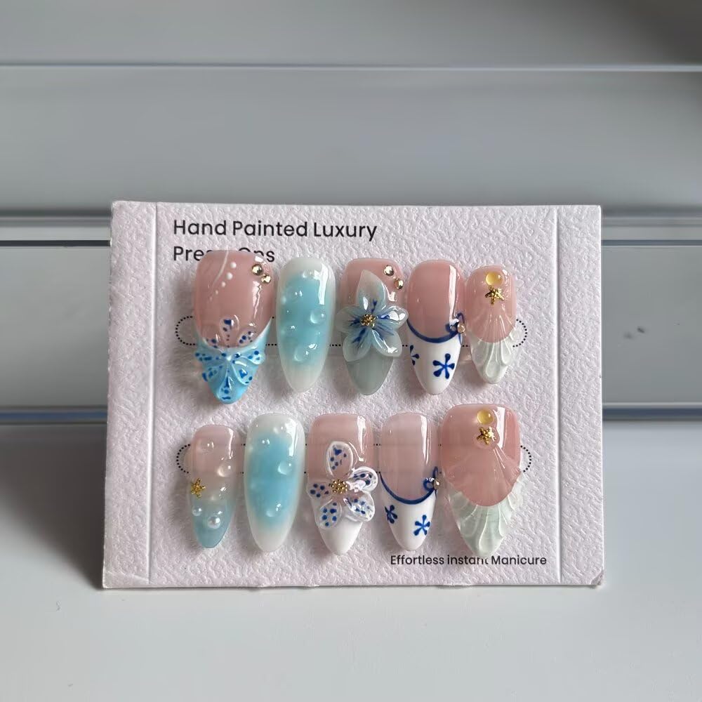 Handmade Acrylic Press On Nails Almond, 3D Press On Nails Medium Fasle Nails, Blue Floral Nails French Tip For Women, Reusable Stick On Fake Nails Kit With Nail File (Size S）
