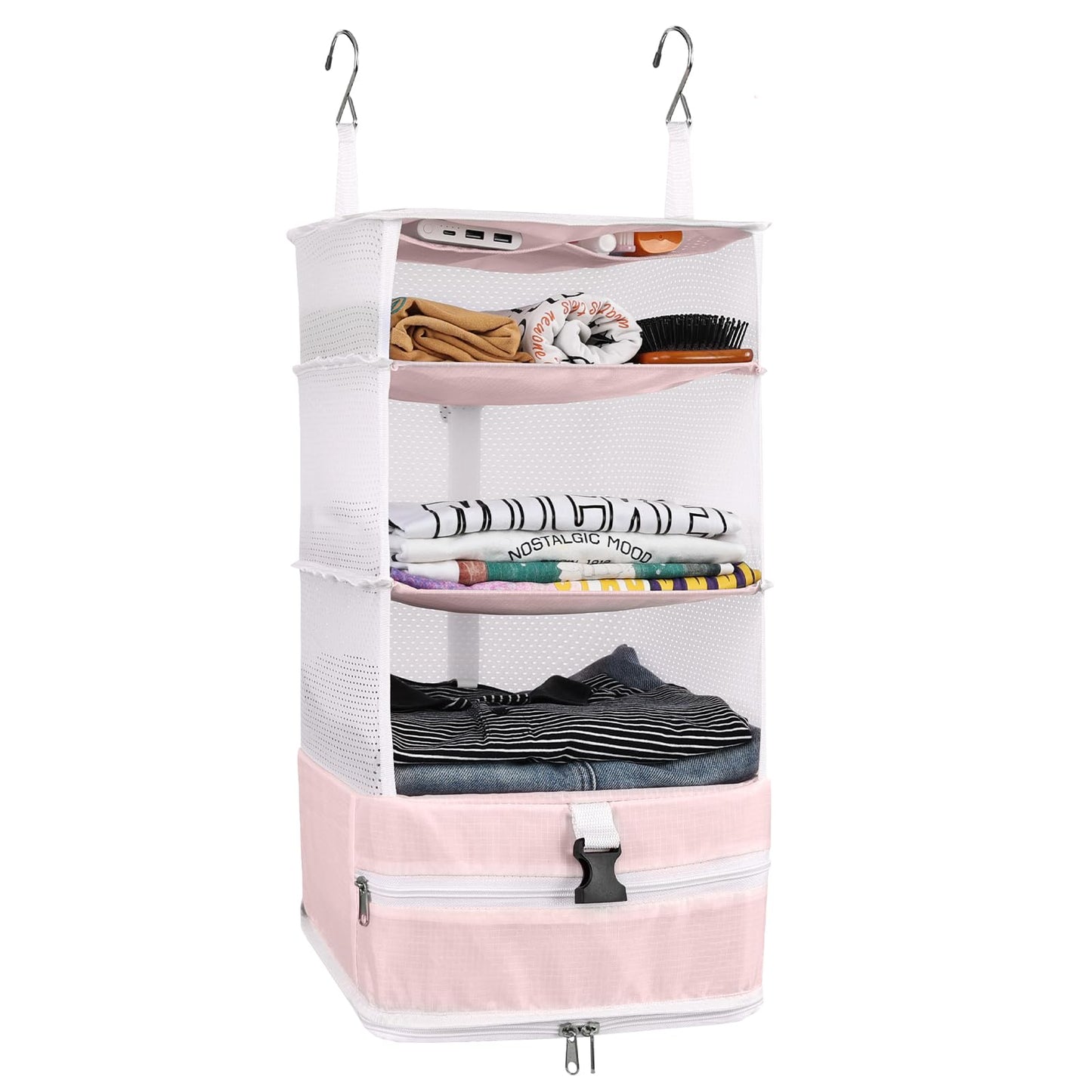Surblue Hanging Closet Storage Bag Collapsible 3-Shelf Washable Oxford Fabric with 2 Hooks (L 11.41 * 11.41 * 19.68in, Pink)