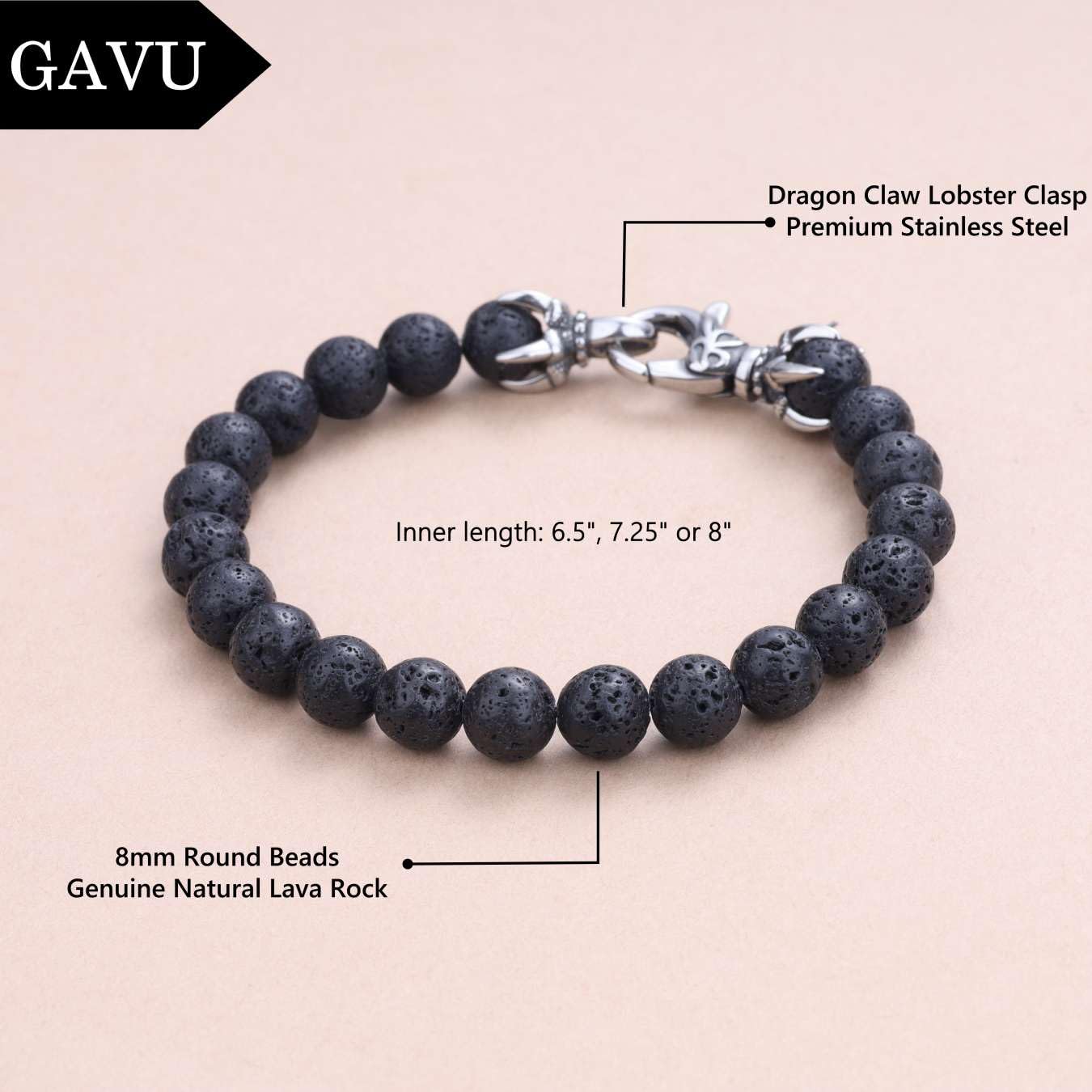 GAVU Crystal Beaded Bracelet for Men, 8mm Lava Rock Bracelet for Men 8.9"