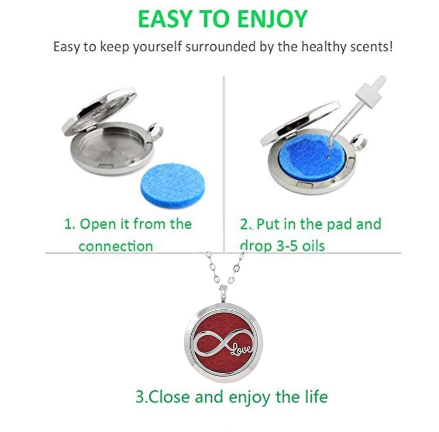Aromatherapy Essential Oil Diffuser Stainless Steel 30MM Silver Magnetic Locket Pendant 2 Sizes Chain Necklace, Refill Pads & Diffuser Bracelet in a Velvet Bag (Love)