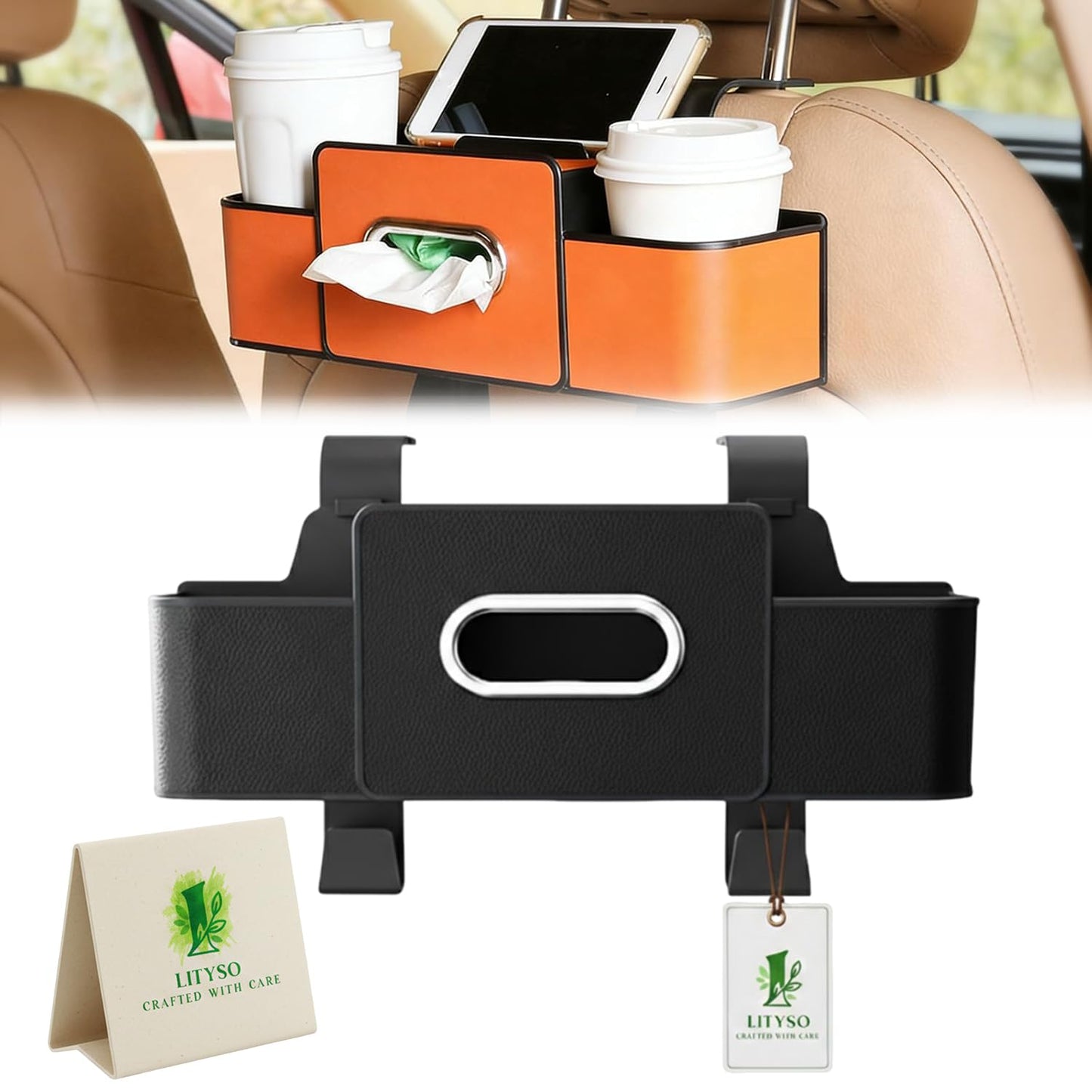 Lityso Backseat Car Organizer Storage Bag Seat Holder Cup Tissue Box Caddy Multifunction Rear Middle Hook Silicone Cover Trunk Hatchback Premium Automotive Universal(Black)