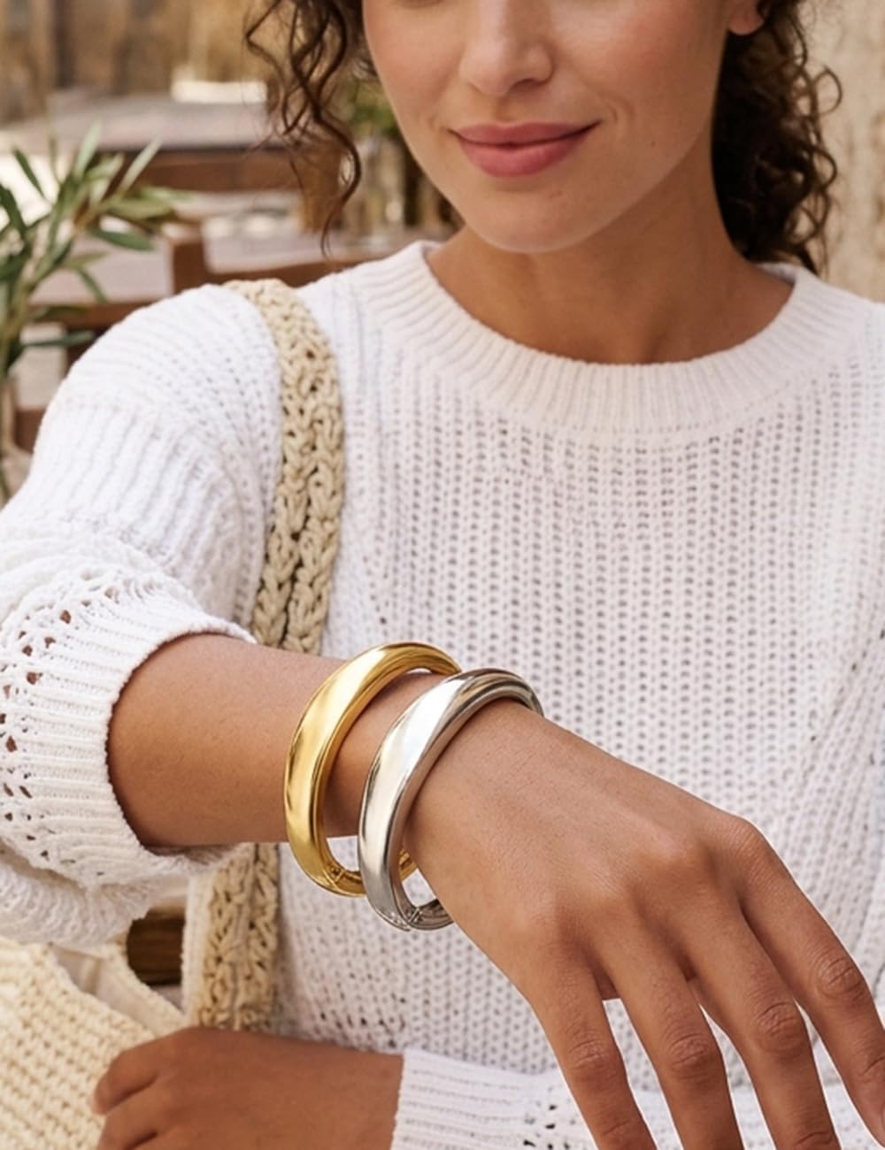 Chunky Gold Bangle Bracelets for Women, Dainty 14k Gold Plated Big Stackable Bangles Set, Trendy Statement Cuff Bracelet Stack Fashion Jewelry Gifts (2 Silver & gold bangles)