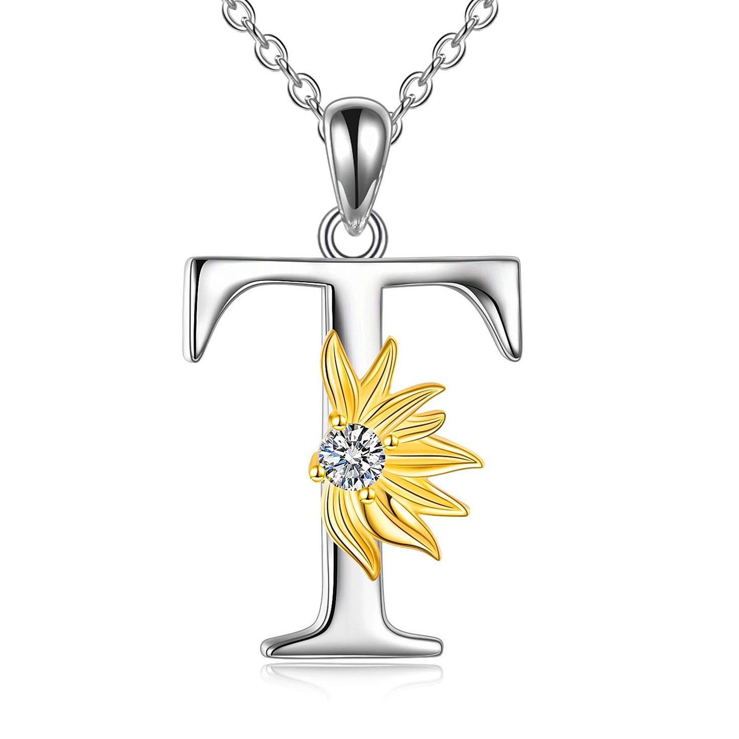POPLYKE Sterling Silver Initial Alphabet Letter T Script Name Pendant Chain Necklace for Women for (Sunflower T)