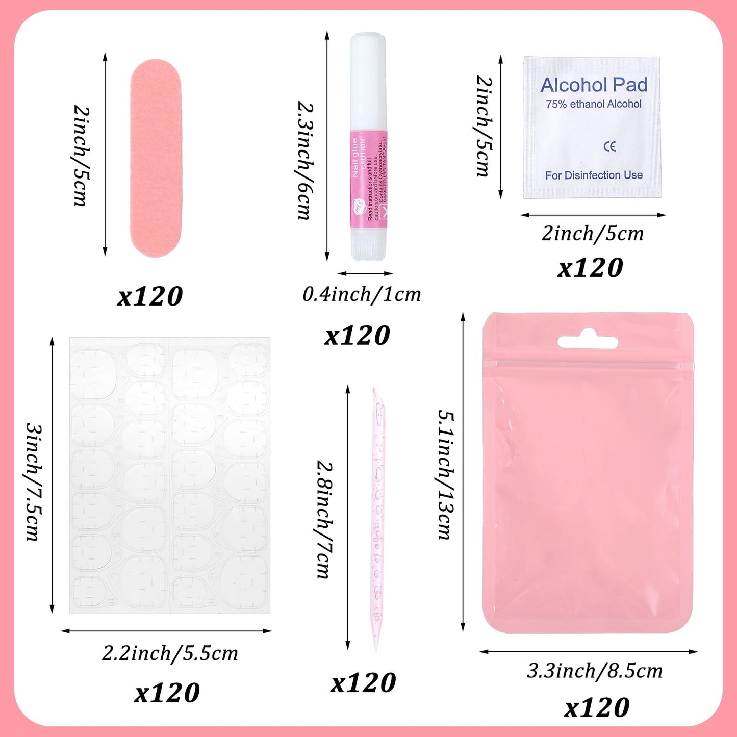 120 Sets Press On Nail Tool Kit for Business - Prep Application Disposable Kit with File, Glue, Prep Pads, Adhesive Tabs, Wood Stick, Holographic Bag