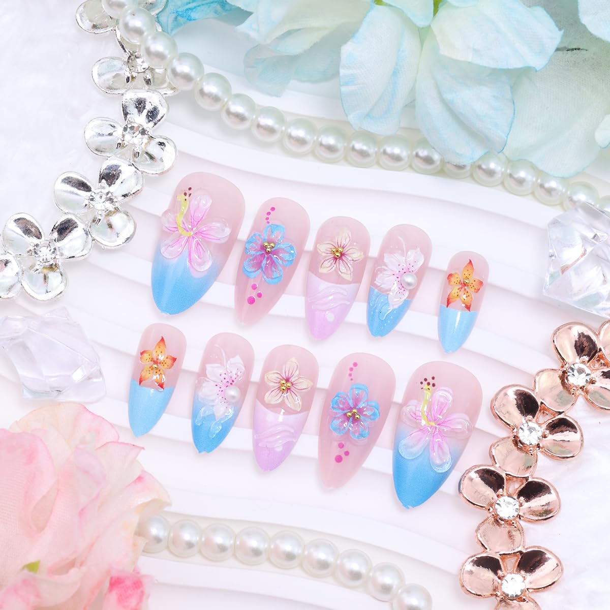 24Pcs 3D Flower Press on Nails Medium Almond French Tip Fake Nails Tropical Floral False Nails with Rhinestones Pink Blue Gradient Acrylic Nails Reusable Full Cover Stick on Nails for Women Manicure