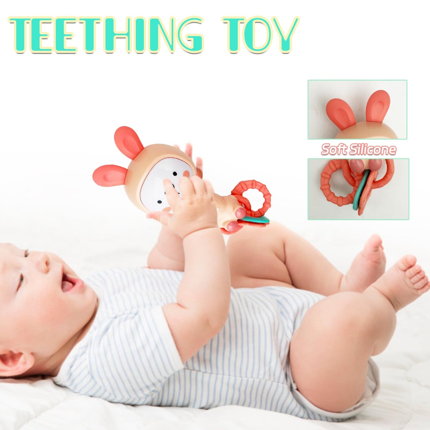 WHNKFB Soft Pink Bunny Baby Musical Rattle Toy - Light-Up Teether & Sensory Chew, BPA-Free Soft Rubber, Baby Shower & 1st Birthday Gift for 6-18 Months 1+ Year Old