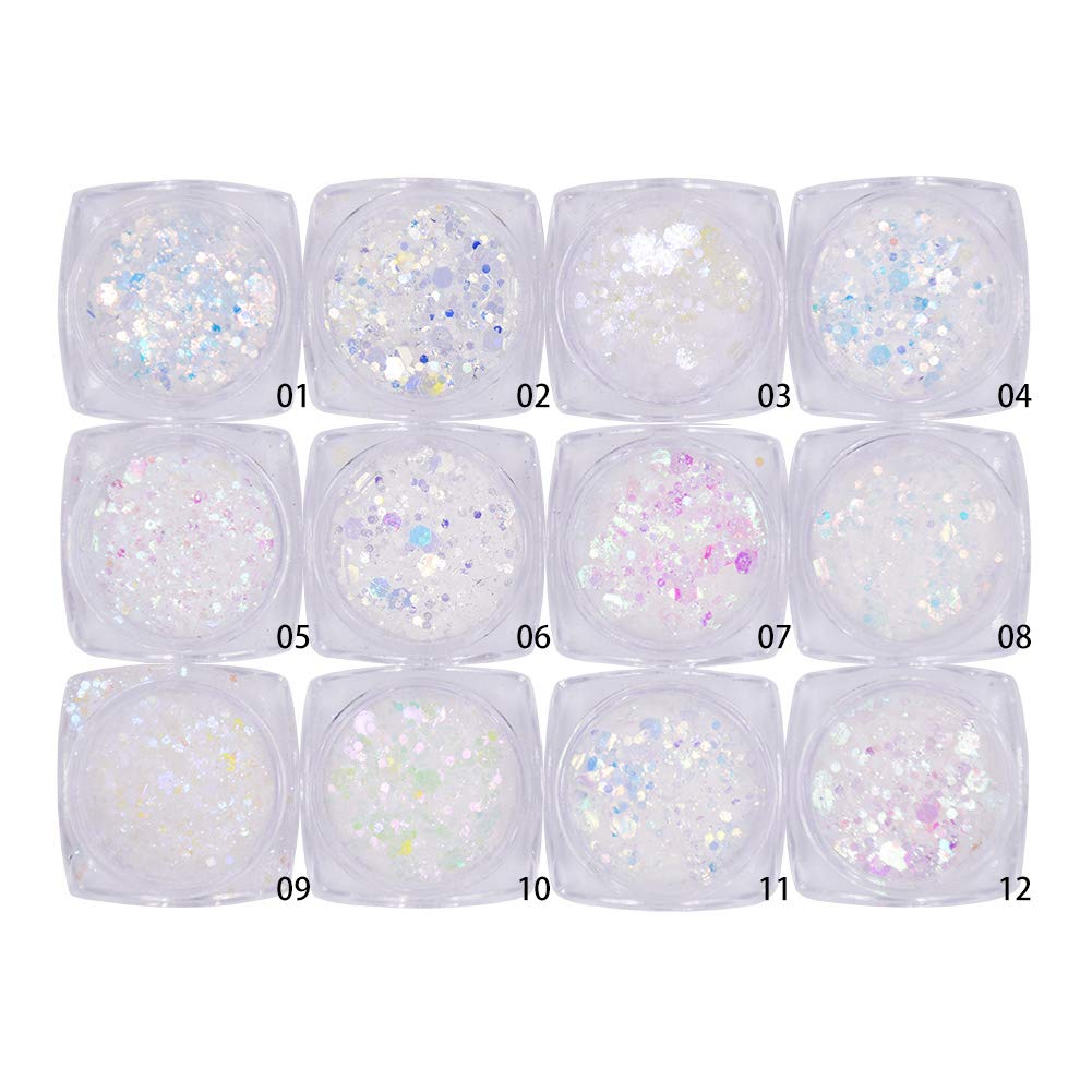Minejin Nail Glitter Holographic Chunky Flakies Ultra-Thin Iridescent Charming Sequins Powder Tips 12 Jar