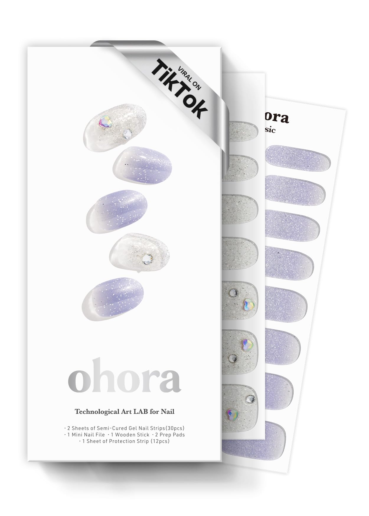 ohora Semi Cured Gel Nail Strips (N Ice Queen) - Works with Any Nail Lamps, Salon-Quality, Long Lasting, Easy to Apply & Remove - Includes 2 Prep Pads, Nail File & Wooden Stick