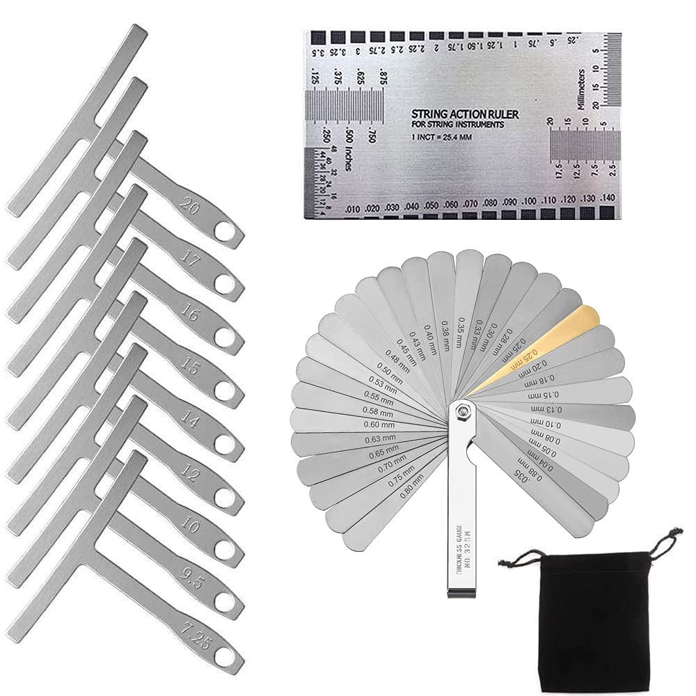 TIMESETL 32 Blades Steel Feeler Gauge Dual Marked Metric and Imperial Gap Measuring Tool + 9 Understring Radius Gauge Luthier Tools + String Action Ruler for Guitar and Bass Setup