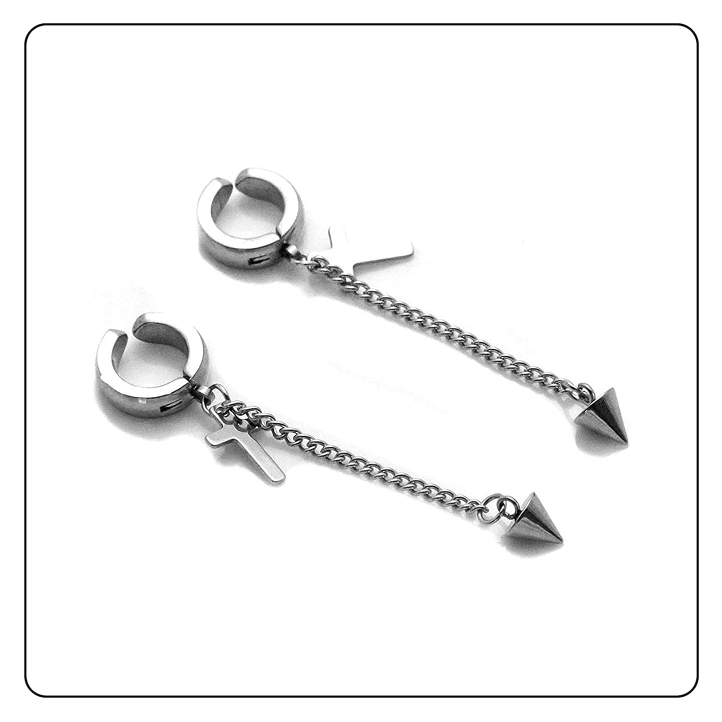 Fusamk Punk Rock Stainless Steel Cross Ear Clip Earrings Long Chain Drop Dangle Earrings(Silver)