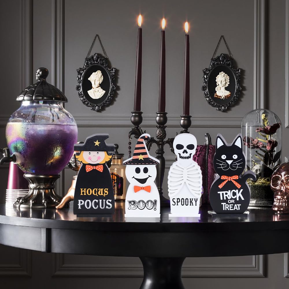 Halloween Decorations Indoor, DECSPAS 4 PCS Wood Blocks Halloween Table Decor, Ghost Black Cat Skull Witch Gothic Tabletop Ornaments, Hocus Pocus Decorations for Home, Tiered Tray, Shelf, Mantel