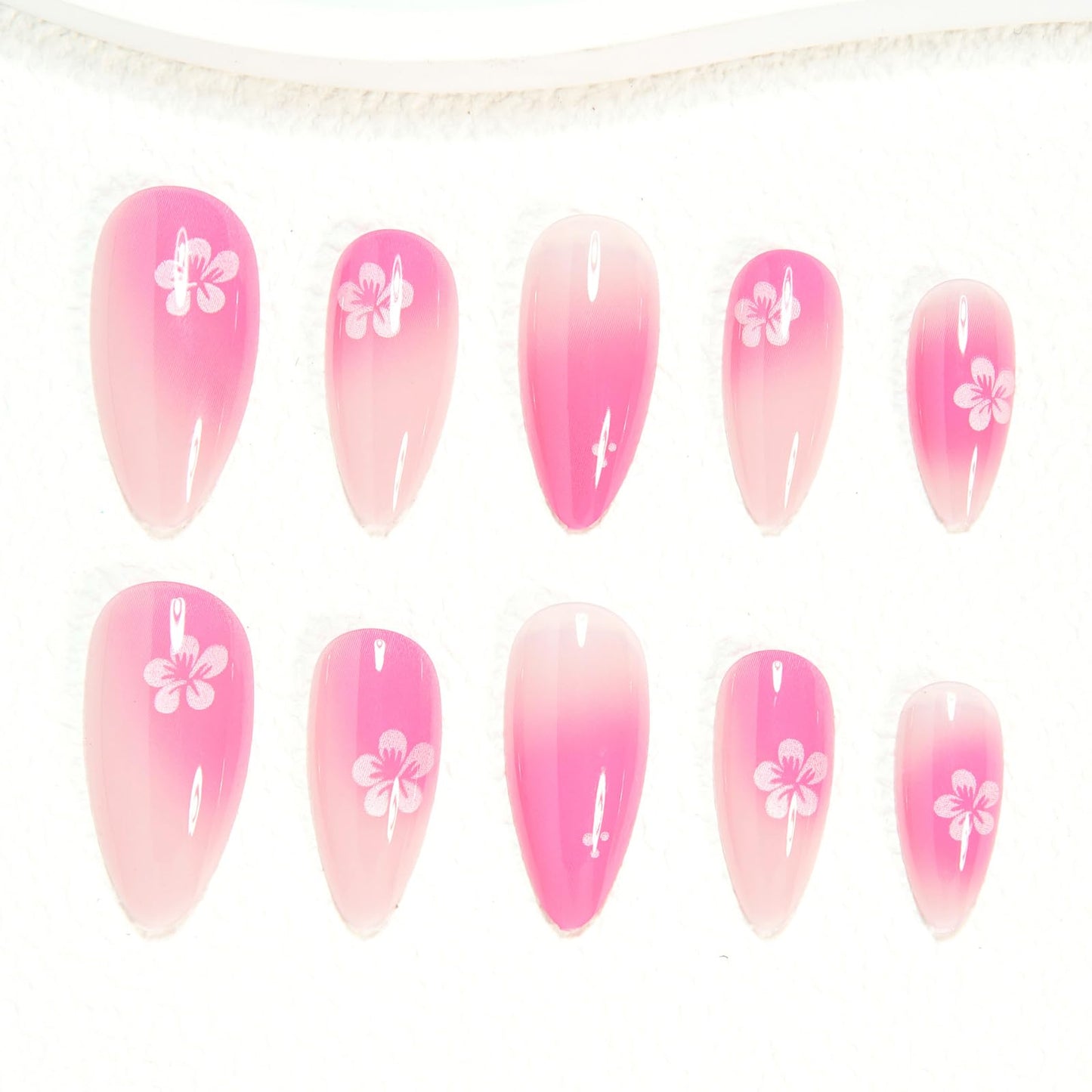 MISUD Press on Nails - Medium Almond Fake Nails with Pink Ombre, Acrylic Flower Design 24 pcs