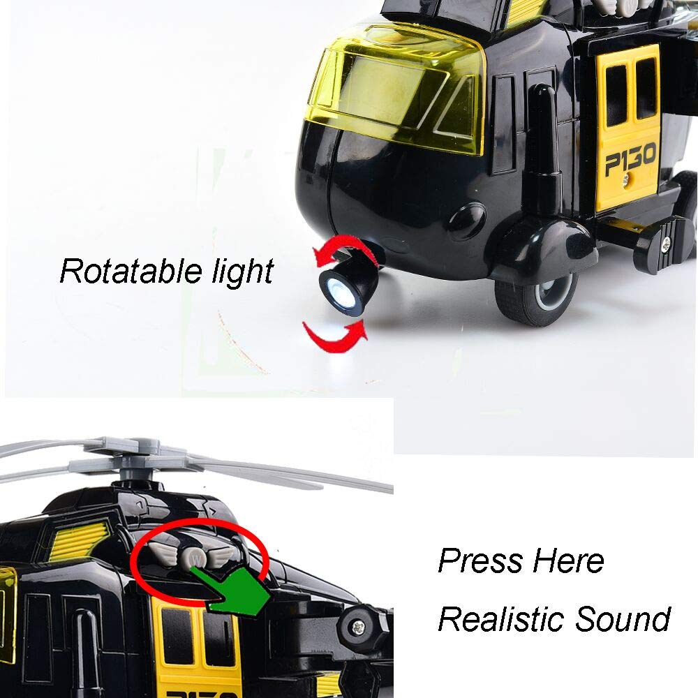 OMGTOY Military Helicopter, Airforce Airplane Toy with Hanging Basket Lights and Sounds for Kids(Black)