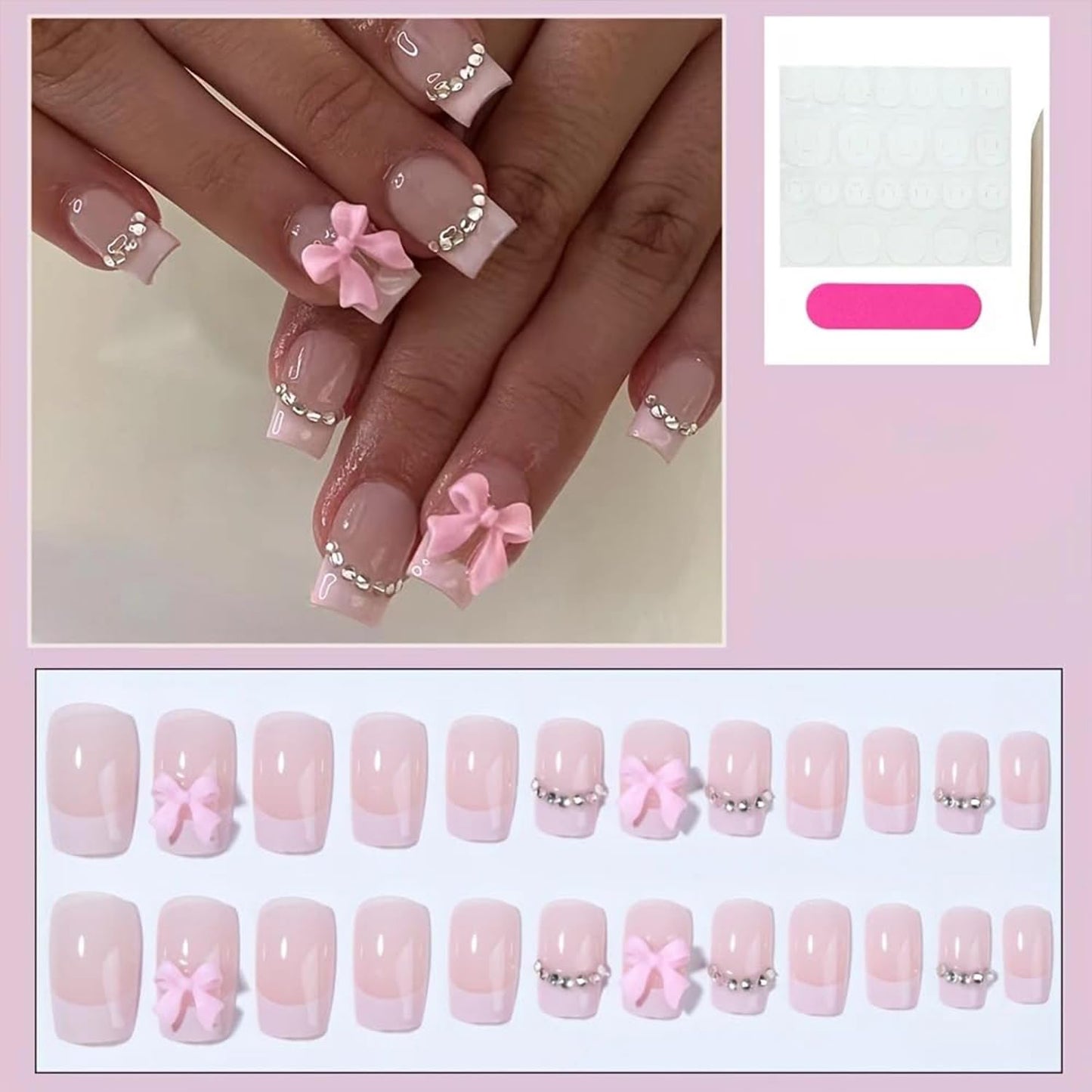 Square Press on Nails Medium Fake Nails with Bow Rhinestone Designs Pink French Tip Nails Press ons Glossy Full Cover Glue on Nails Reusable Artificial Nails for Women Spring Summer Nail Art Decor